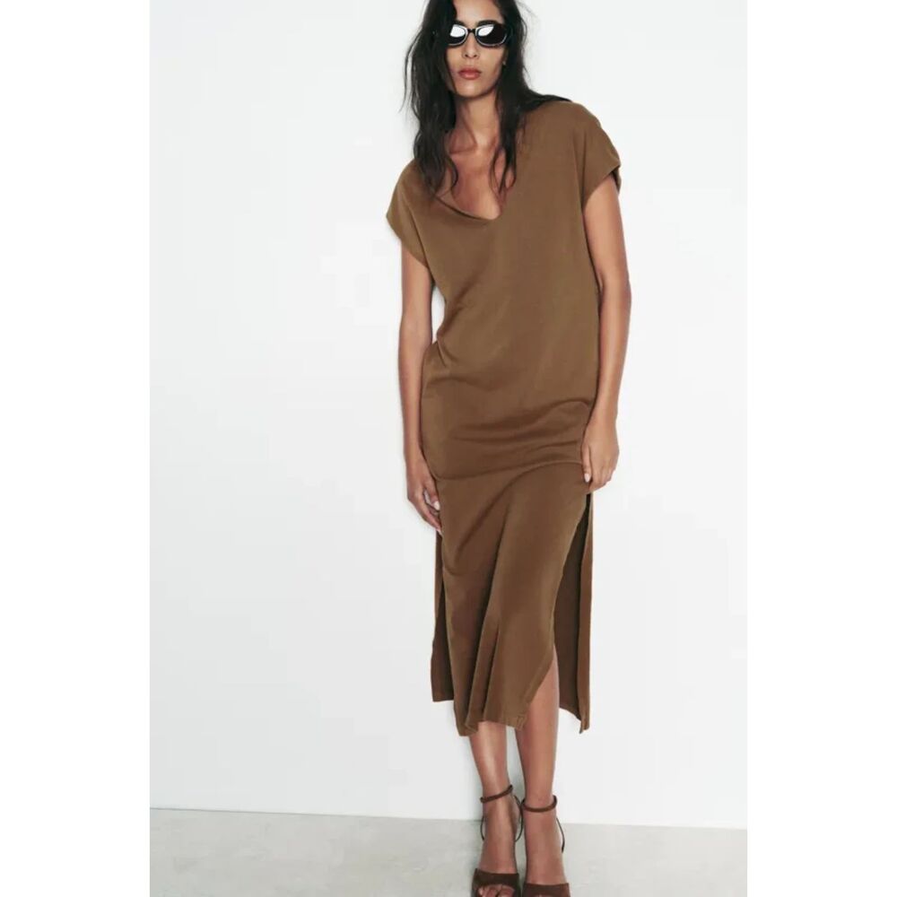 Brown Zara V-Neck Side-Slits Sleeveless Midi Dress (NWT)